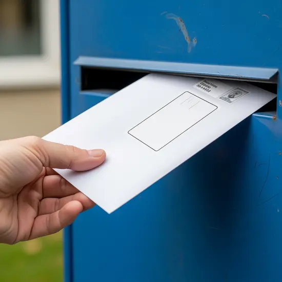 Briefumschlag mit Adressaufkleber wird in einen Postkasten eingeworfen, Nahaufnahme.