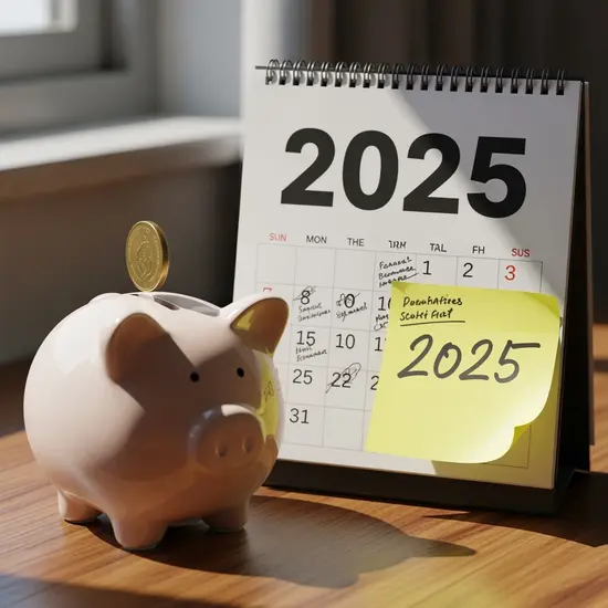 Symbolisches Sparschwein neben Kalender und Notizzettel „2025“, natürliche Beleuchtung, keine Textablesbarkeit.