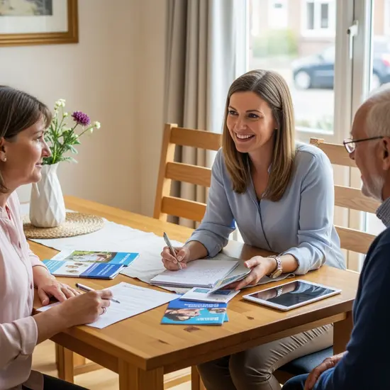 Pflegeberaterin besucht Familie zu Hause, erklärt Leistungen am Esstisch, Lächeln und Notizen.