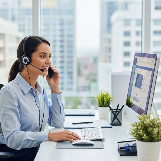 Telefonische Beratungsszene: Mitarbeiterin mit Headset spricht freundlich, aufgeräumtes Büro.