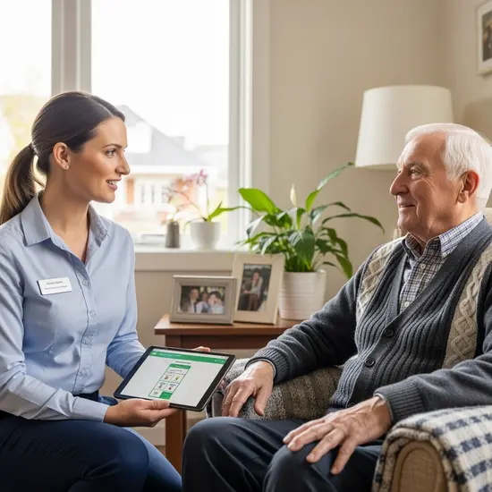 Pflegefachkraft besucht älteren Herrn zu Hause und gibt Ratschläge, Tablet in der Hand.