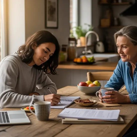 Beratungsgespräch am Küchentisch, Tochter macht Notizen, entspannte Atmosphäre.