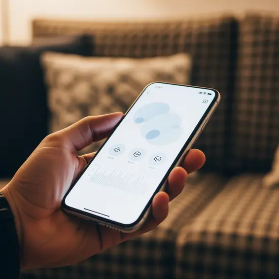 Hand hält Smartphone mit geöffneter Gesundheits-App, einfache Benutzeroberfläche ohne lesbaren Text, gemütliches Sofa im Hintergrund.