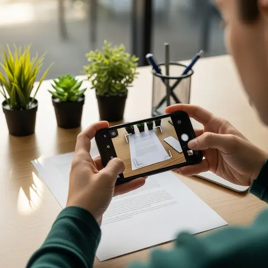 Person scannt ein Dokument mit der Smartphone-Kamera, gutes Licht, Schreibtisch mit Pflanzen.