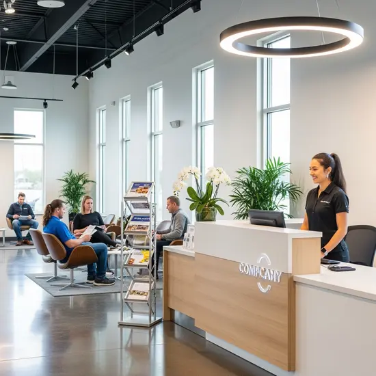 Modernes Service-Center mit Empfangstheke, Prospektständer und wartenden Kunden, freundliche Mitarbeiterin am Schalter.