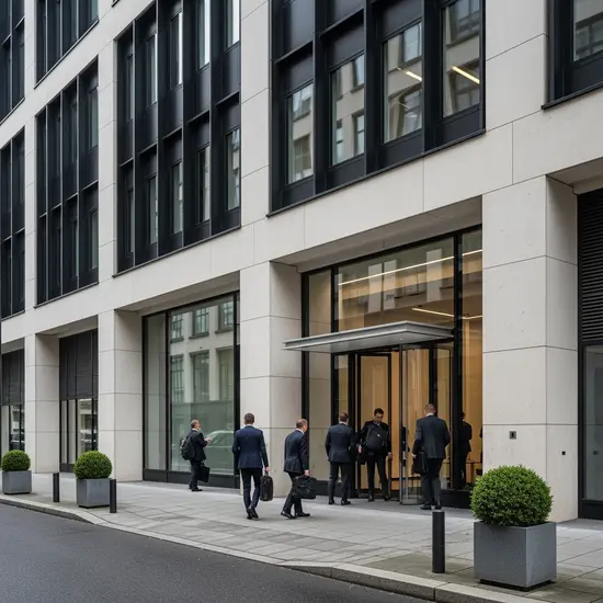 Außenansicht eines Bürogebäudes mit dezentem Eingangsbereich, Menschen betreten das Gebäude.