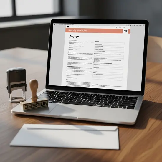 Laptop mit geöffneter PDF-Datei und ausgefülltem Formular, daneben Stempel und Umschlag.