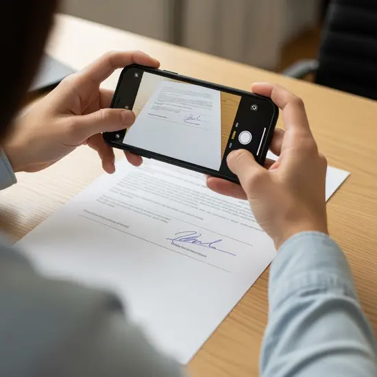 Person scannt unterschriebenes Formular mit Smartphone, sauberer Schreibtisch.