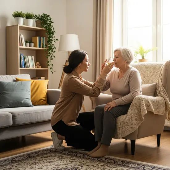 Tochter hilft ihrer Mutter beim Trinken, gemütliches Wohnzimmer, respektvolle Nähe, natürliche Beleuchtung.