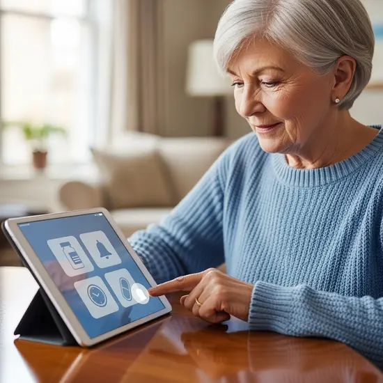 Ältere Frau nutzt eine Pflege-App auf dem Tablet, erinnert an Medikamenteneinnahme, klare Symbole ohne lesbaren Text.
