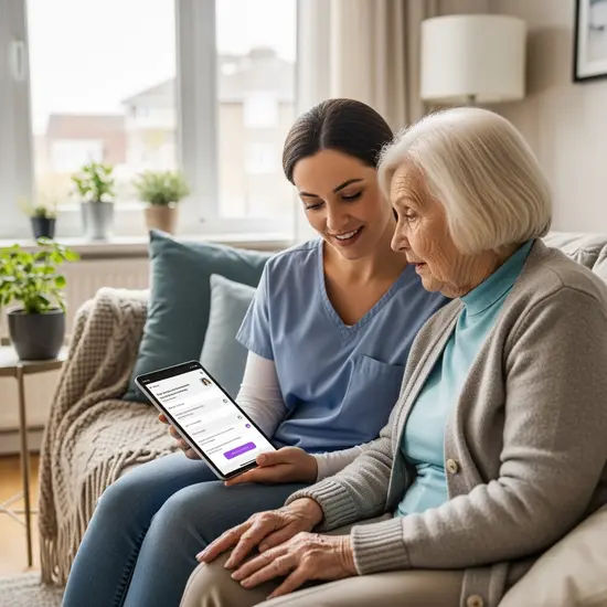 Pflegender Angehöriger und Seniorin chatten über eine App, sitzen gemeinsam auf dem Sofa.