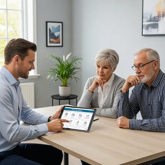 Beratung zu Zusatzversicherungen: Berater zeigt älterem Paar eine Tarifübersicht auf einem Tablet, freundlicher Büroraum.