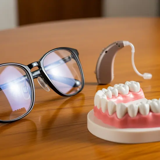 Nahaufnahme von Brille, Hörgerät und Zahnmodell auf einem Tisch als Symbolbild.