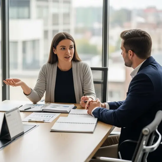Frau spricht mit ihrem Arbeitgeber im Büro über flexible Arbeitszeit, Unterlagen und Kalender auf dem Tisch.
