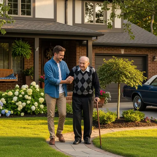 Sohn betreut seinen Vater zu Hause am Nachmittag, gemeinsamer Spaziergang vor dem Haus.