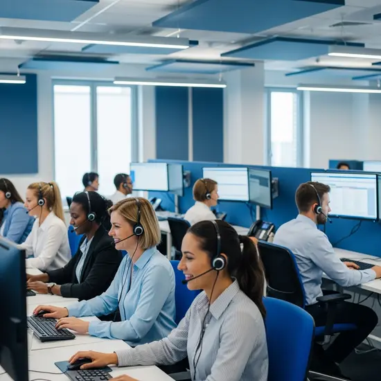 Mitarbeitende im modernen Callcenter mit Headsets, konzentriert und freundlich.