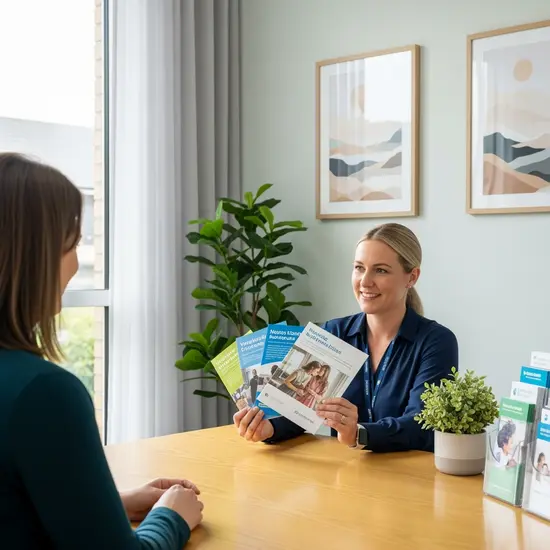 Beratung in einem neutralen Pflegestützpunkt: Beraterin zeigt Informationsbroschüren, ruhiger Beratungsraum.