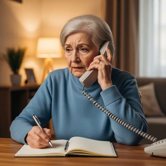 Seniorin telefoniert mit einer bundesweiten Pflegeberatungshotline, Notizblock und Stift bereit.