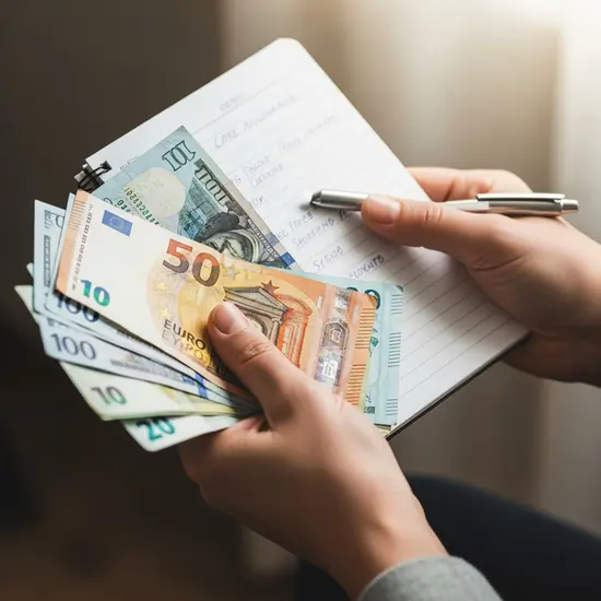 Nahaufnahme von Händen, die Bargeld und einen Notizblock halten, Symbol für Pflegegeld-Verwaltung.