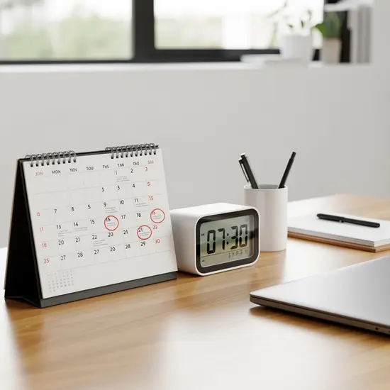 Kalender und Wecker auf einem Schreibtisch, Fristen im Blick, sachliche Darstellung ohne lesbaren Text.