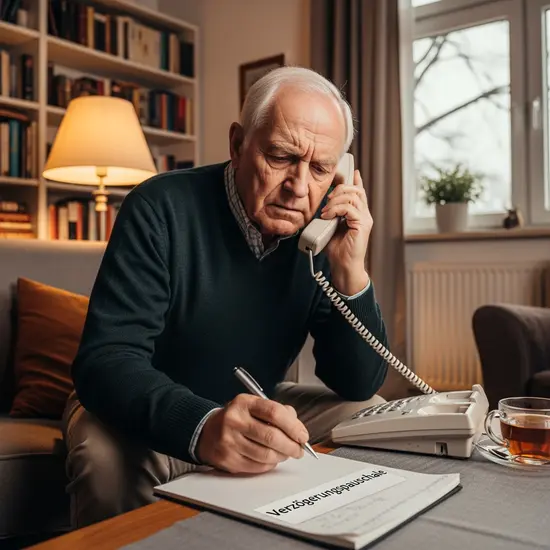 Senior telefoniert mit der Kasse, macht Notiz zur Verzögerungspauschale, Wohnzimmer.