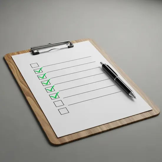 Checkliste auf einem Klemmbrett, Häkchen neben Punkten, Stift daneben, neutraler Hintergrund.