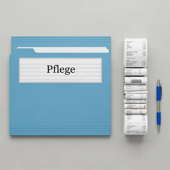 Ordner mit Beschriftung „Pflege“, daneben sortierte Belege und ein Stift, neutraler Hintergrund ohne lesbaren Text.
