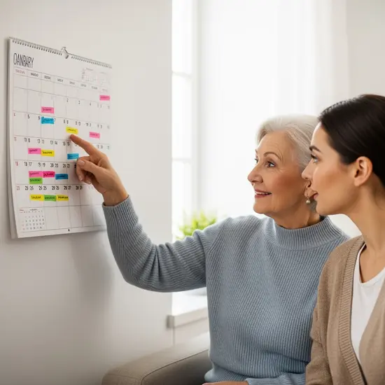 Seniorin zeigt Tochter einen Kalender, Termine sind farbig markiert, keine Lesbarkeit.