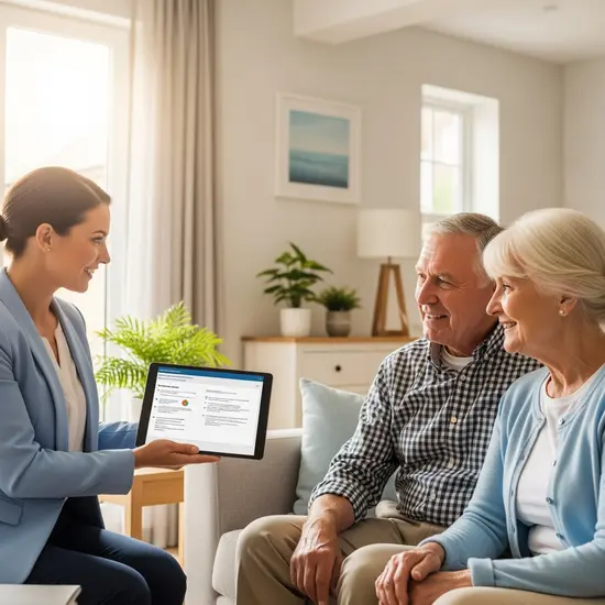 Zusammenfassungsszene: Pflegeberaterin zeigt älterem Paar eine Übersicht am Tablet, lächelnde Gesichter, helles Wohnzimmer.