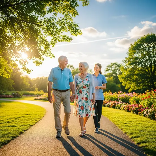 Glückliches Seniorenehepaar beim Spaziergang im Park mit Pflegerin, sonniges Wetter.