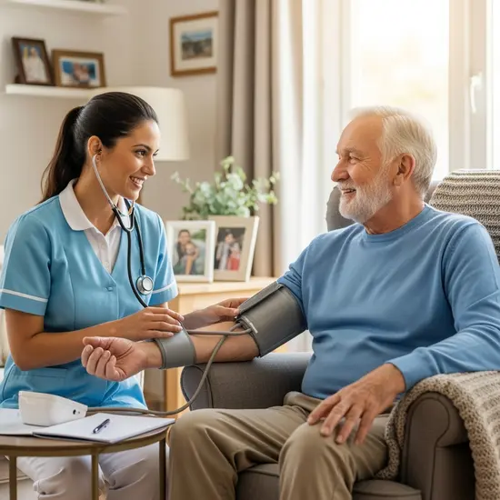Ambulanter Pflegedienst besucht Senior zu Hause, Pflegekraft misst Blutdruck, freundliche Interaktion.