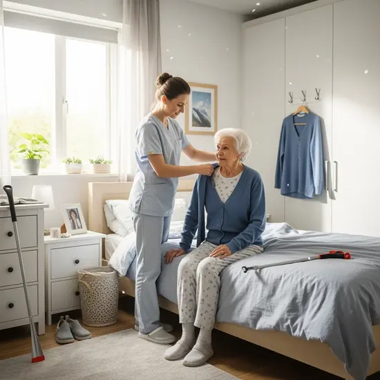 Pflegekraft hilft beim Anziehen, ruhiges Schlafzimmer, praktische Hilfsmittel sichtbar.