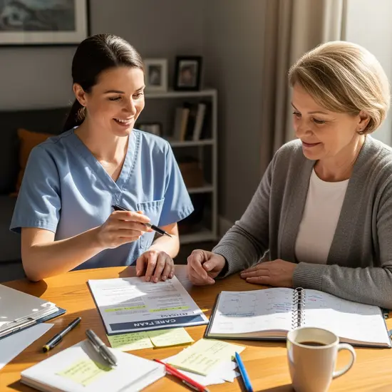 Pflegekraft und Angehörige besprechen gemeinsam einen Pflegeplan mit Notizen und Kalender am Tisch.