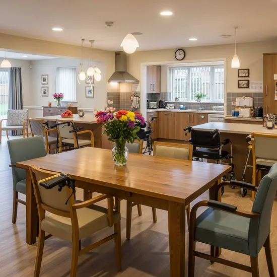 Gemeinschaftsküche einer Pflege-Wohngemeinschaft, großer Tisch mit Blumen, gemütliche, barrierearme Einrichtung.
