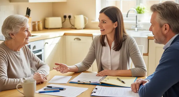 Pflegeberaterin spricht mit Seniorin und Angehörigem am Küchentisch; Ordner, Formulare und Stifte liegen bereit; warme, helle Wohnung.