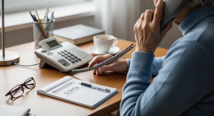 Ältere Person telefoniert mit einer Krankenkasse; Notizblock mit Aktenzeichen liegt daneben; ruhiger Schreibtisch.