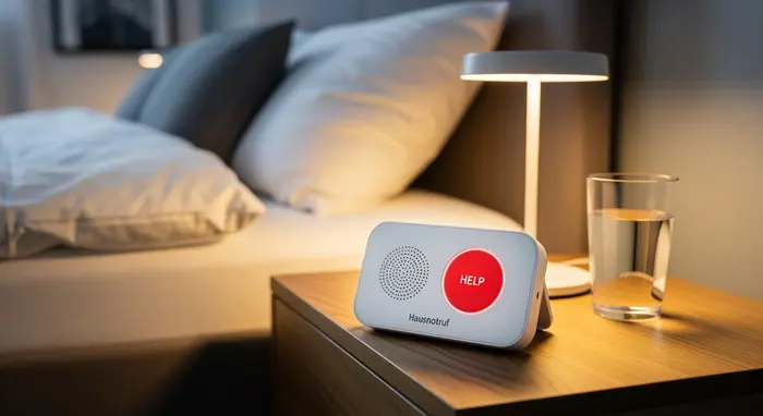 Hausnotruf-Gerät mit roter Taste auf einem Nachttisch neben einem Bett; Lampe und Wasser stehen bereit.