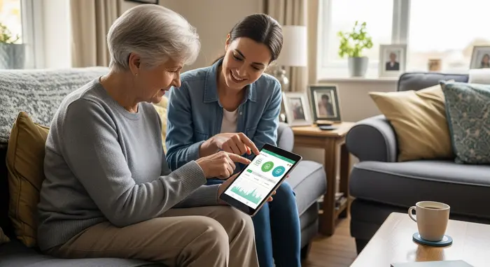 Senior nutzt ein Tablet mit einer Gesundheits-App zu Hause; Tochter erklärt die Anwendung; gemütliches Wohnzimmer.