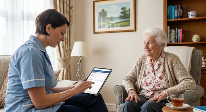 Zugelassene Pflegefachkraft besucht eine Seniorin zu Hause und dokumentiert die häusliche Pflegesituation auf einem Tablet.