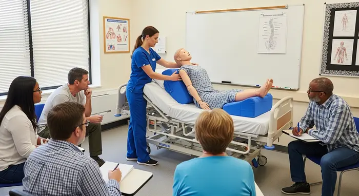 Pflegefachkraft demonstriert rückenschonende Lagerung an einer Pflegepuppe in einem kleinen Kursraum; Angehörige beobachten aufmerksam.