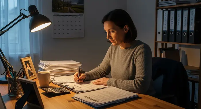 Pflegende Angehörige sitzt am Schreibtisch und prüft Rentenunterlagen; Kalender und Ordner im Hintergrund.
