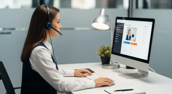 Moderne Service-Hotline: Mitarbeiterin mit Headset an einem hellen Arbeitsplatz; Computer und Notizblock sichtbar.