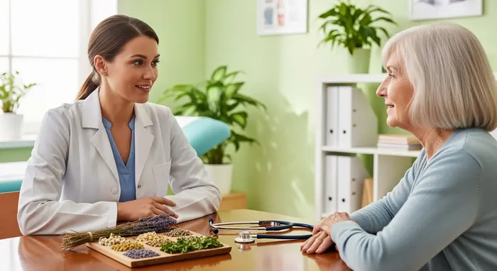 Ärztin im Gespräch mit älterer Patientin; auf dem Tisch liegen Kräuter und Stethoskop; ruhige Praxisumgebung.