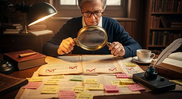 Reife Person prüft Unterlagen mit einer Lupe an einem Schreibtisch; Markierungen und Notizzettel sichtbar.