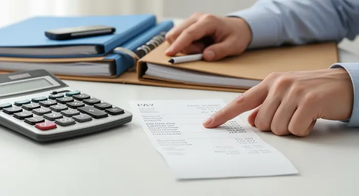 Taschenrechner, Ordner und Gehaltsabrechnung auf einem Schreibtisch; Hand deutet auf Zahlen; sachliche, klare Szene.