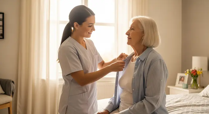Pflegerin hilft Seniorin beim Anziehen in einem hellen Schlafzimmer; einfühlsame Geste, ruhige Atmosphäre.