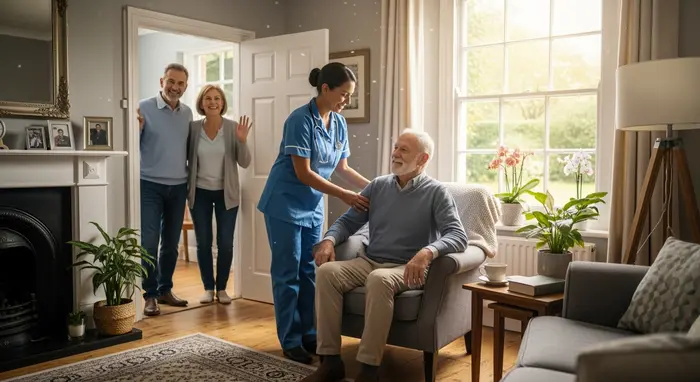 Pflegekraft übernimmt tagsüber die Betreuung eines Seniors im Wohnzimmer; Angehörige verabschieden sich; entspannte Stimmung.