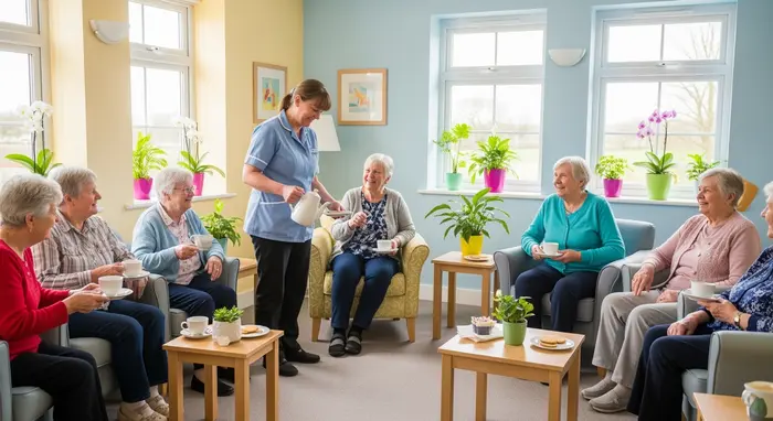Senioren sitzen zusammen in einer freundlichen Tagespflegeeinrichtung; Betreuungsperson serviert Tee; große Fenster, helle Farben.