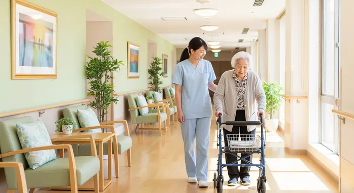 Flur eines modernen Pflegeheims mit Sitzgelegenheiten; Senior geht mit Gehhilfe, Pflegekraft begleitet; ruhige, respektvolle Atmosphäre.