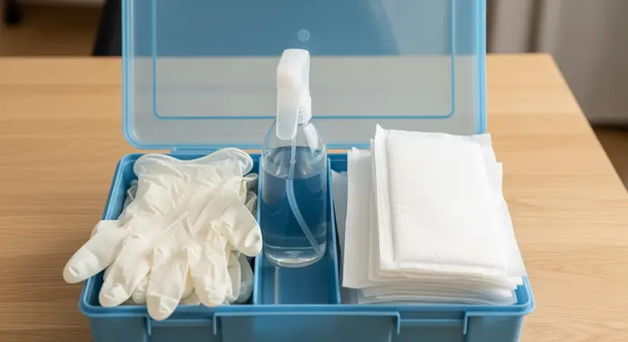 Pflegehilfsmittel-Box mit Einmalhandschuhen, Desinfektionsmittel und Bettschutzeinlagen auf einem Tisch; geordnete Anordnung.